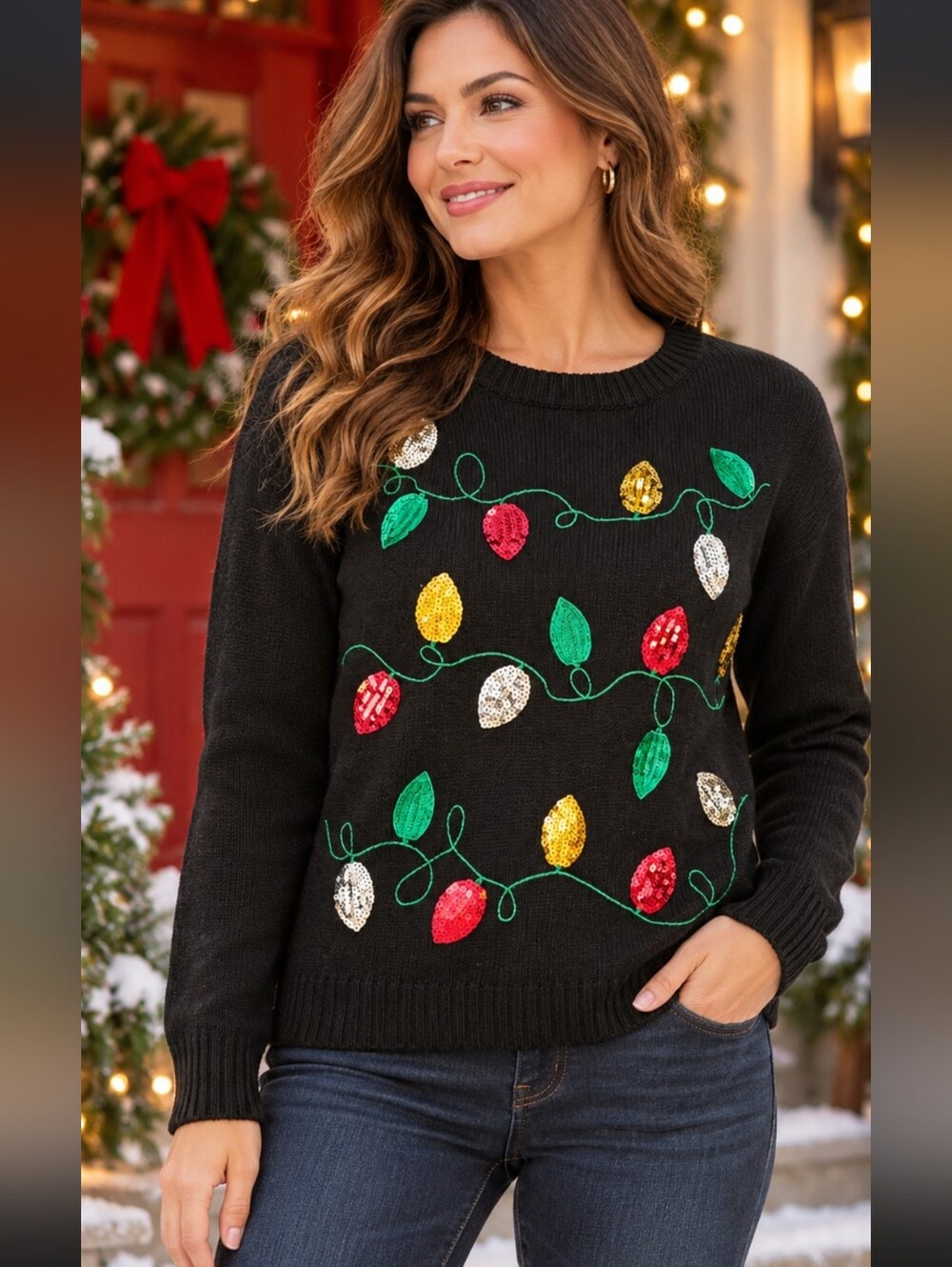 Karen Scott Petite Large Sequin Christmas Lights Sweater PL